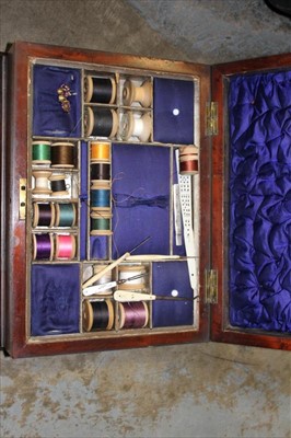 Lot 3773 - Bird's Eye Maple Sewing box with purple silk lining and contents.