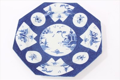 Lot 9 - 18th century Bow octagonal plate, circa 1760, painted with oriental scenes on a powder blue ground, 16.5cm across, and a Bow leaf dish, painted in underglaze blue with a vine pattern, 24.5cm length...