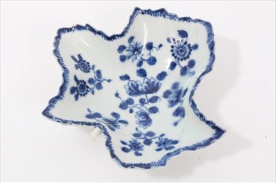 Lot 17 - 18th century Lowestoft patty pan, circa 1770, decorated with butterfly, flowers and insects, 8.5cm across, a Bow pickle dish, circa 1760, painted with flowers and leaves, and a Caughley pickle dish...