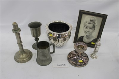 Lot 3781 - Metalwares to include pair of silver plated squat candlesticks, cut glass dish, wine coaster, two plated Ronson lighters, pewter tankards, three various plated bowls, two picture frames, student la...