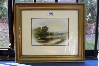 Lot 250 - J. W. Law, Edwardian gouache on opaque glass panel depicting a river landscape, signed and dated 1905, in glazed gilt frame