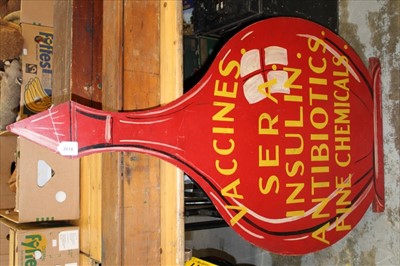 Lot 3816 - Vintage painted chemists sign in the form of an apothecary bottle - Vaccines. Sera. Insulin. Antibiotics. Fine Chemicals, 120cm high