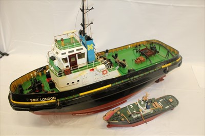 Lot 2903 - Remote control Scratch built London Barge and Tug London Smit with two Techniplus controllers in cases.