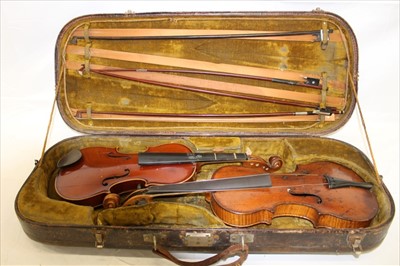 Lot 3817 - Vintage double violin case containing two violins and four assorted bows