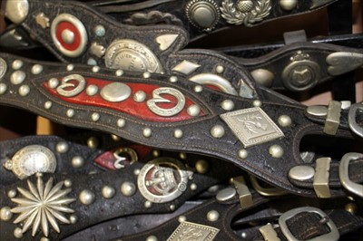 Lot 3801 - Decorative antique Scottish nickel mounted martingales, various examples many with makers stamps including Hope & Collier - Oban, T/. Prentice - Carluke, McNair and Munro - Oban, together with moun...