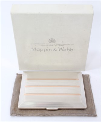 Lot 3413 - Good quality Mappin & Webb silver and gold cigarette case with engine turned decoration and applied rose gold stripes, gilded interior, sponsor’s mark P&B, signed Mappin & Webb, hallmarked London 1...