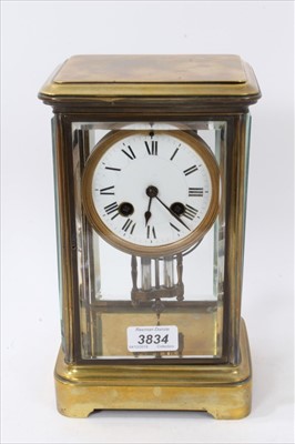 Lot 3834 - 19th century brass and four glass cased clock with enamel dial and French movement, complete with mercury pendulum and key