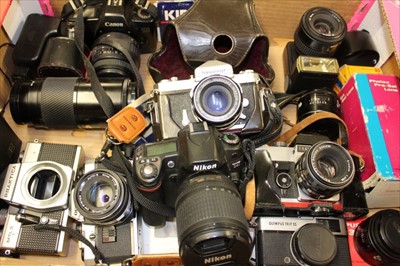 Lot 3837 - Selection of cameras and lenses including Nikon D80, Exacta, Olympus, Nikkormat etc (1 box)