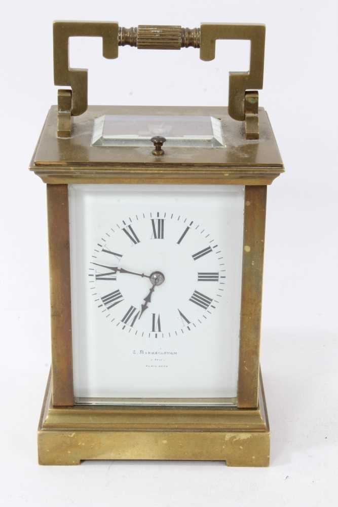 Lot 3843 - Good quality large brass cased carriage clock with enamel dial signed Barraclough and repeating movement