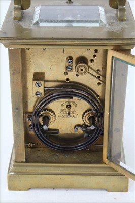 Lot 3843 - Good quality large brass cased carriage clock with enamel dial signed Barraclough and repeating movement