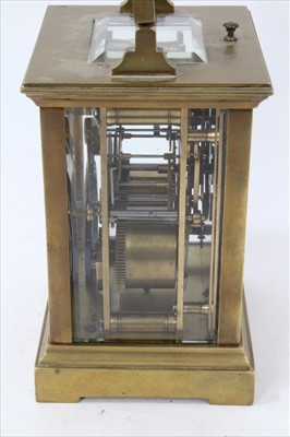 Lot 3843 - Good quality large brass cased carriage clock with enamel dial signed Barraclough and repeating movement