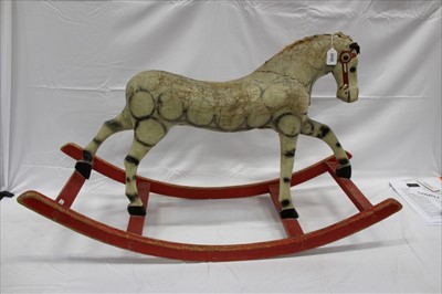 Lot 3 - Old carved and painted wood Rocking Horse, straw filled hessian body and clear glass eyes.