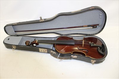 Lot 3861 - Old violin bearing label - The Paganini Special Orchestral Violin Fecit In Saxony,  Anno, with bow in fitted case