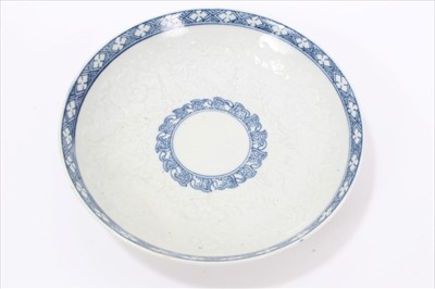 Lot 18 - 18th century English porcelain, to include a Worcester blue and white coffee pot, circa 1775, printed with the fence pattern, a Caughley fisherman pattern egg drainer, a Worcester moulded saucer, a...