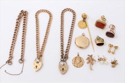 Lot 3469 - Three gold 9ct bracelets, selection of gold and yellow metal charms, fobs etc