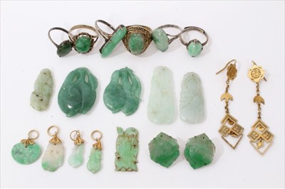 Lot 3480 - Collection of antique and vintage Chinese carved jade and green hardstone jewellery to include rings, earrings and pendants