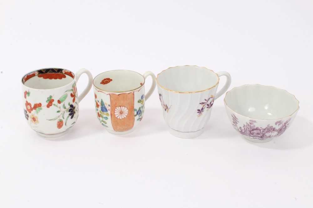Lot 22 - Four 18th century Worcester cups and tea bowls, to include a polychrome painted Kempthorn pattern cup, circa 1760, with pseudo-Chinese mark to base, a polychrome cup, circa 1765, painted with the J...