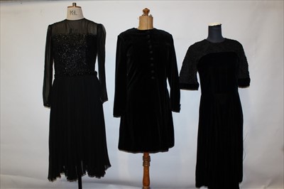 Lot 3160 - Vintage black velvet fitted evening coat, black velvet evening dress with lace and lace work shoulders and sleeves, pleated black chiffon crepe evening dress with beadwork sheer shoulders and sleev...