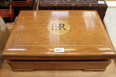 Lot 3871 - Queen Elizabeth II presentation box with inlaid ERII cipher to lid and another with Canadian Maple leaf badge: Provenance - Mr Ernest Bennett R.V.M. The Queen's Page.