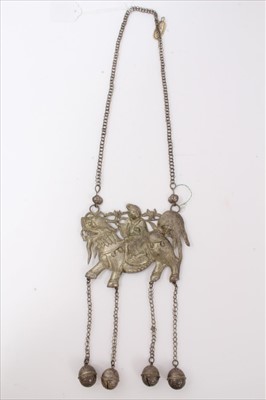 Lot 3490 - Old Chinese white metal necklace with embossed plaque depicting a figure on a dragon/horse, with bells on chain