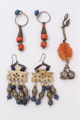 Lot 3494 - Pair of Chinese earrings with coral beads, one other pair and a single earring