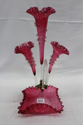 Lot 2213 - Victorian Cranberry and clear glass épergne, 45cm height