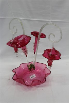 Lot 2214 - Victorian Cranberry and clear glass epergne, 40cm height