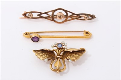 Lot 3196 - Gold 14ct sapphire and seed pearl winged brooch, together with two gold 9ct bar brooches