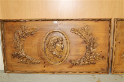 Lot 3891 - Pair of pine panels of rectangular form, with applied classical style decoration (2)