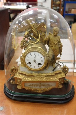 Lot 3886 - Late 19th Century French mantel clock with 8 Day striking movement in gilded spelter and alabaster case, under glass dome. Overall height including dome 39cm