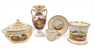 Lot 26 - Early 19th century English landscape-painted and gilt porcelain, to include a Ridgway vase, 21cm height, a pint mug with hunting scene, a Derby sucrier with a titled scene, and a Minton cup and sau...