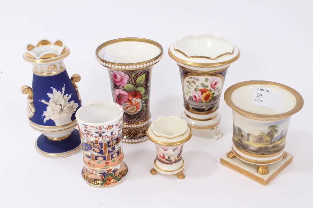 Lot 29 - Six early 19th century English porcelain spill vases, to include a Chamberlain Worcester jasper ware example, Spode, and others, variously decorated with flowers, landscapes, etc (6)