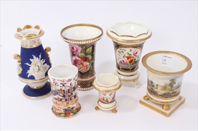 Lot 29 - Six early 19th century English porcelain spill vases, to include a Chamberlain Worcester jasper ware example, Spode, and others, variously decorated with flowers, landscapes, etc (6)