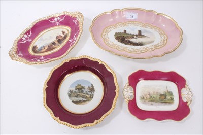 Lot 32 - Early 19th century Worcester Barr, Flight & Barr dish, with painted view of Aberystwyth Castle, another B.F.B. dish with painted view of Godstow Bridge, a Spode dish with painted view of Chapelizod...