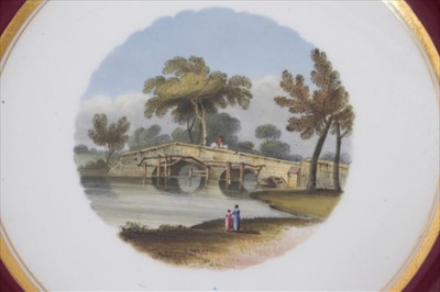 Lot 32 - Early 19th century Worcester Barr, Flight & Barr dish, with painted view of Aberystwyth Castle, another B.F.B. dish with painted view of Godstow Bridge, a Spode dish with painted view of Chapelizod...