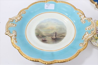 Lot 37 - Early 19th century Coalbrookdale floral encrusted porcelain dish, painted with landscape scene, 20cm across, and three further early 19th century dishes, including one painted with a titled scene o...
