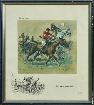 Lot 949 - Snaffles, Charles Johnson Payne (1884-1967) signed print - Soldiers, 'Nasty steeple chasin' devils', with Snaffle blindstamp, in glazed frame, 42cm x 36cm