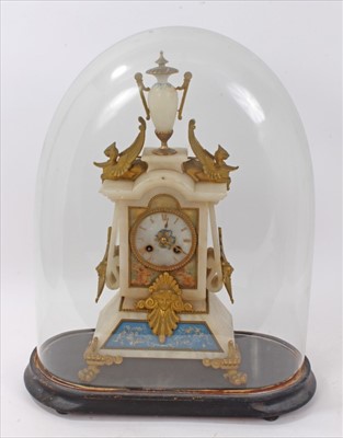 Lot 604 - 19th century French painted alabaster mantel clock, under glass dome