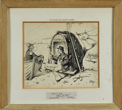 Lot 959 - Edward Tennyson Reed (1860-1933) pen and ink illustrations for Punch - "When In Doubt Consult "The Capen!!", signed, published in Punch 14th September 1893, framed, 21cm x 24cm