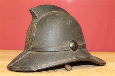 Lot 709 - 19th century Scottish leather fire helmet, with painted badge and numbered Reg. No. 793681, by Jas. Hendry Ltd, Glasgow