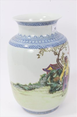 Lot 43 - 20th century Chinese porcelain vase, painted in enamels with figures in a garden, with calligraphy on the reverse, with Ruyi and other patterns, seal mark to base, 29cm height
