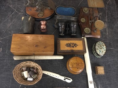 Lot 172 - Tunbridgeware boxes, postal scales, horn beaker
