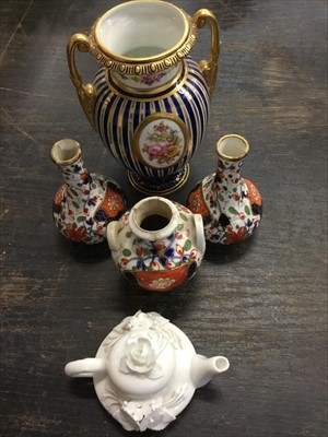 Lot 144 - Crown Derby vase, three Derby piece, Derby white glazed miniature teapot