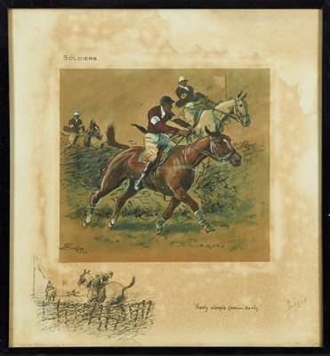 Lot 925 - Snaffles, Charles Johnson Payne (1884-1967) signed print - Soldiers, with Snaffle blindstamp, in glazed frame