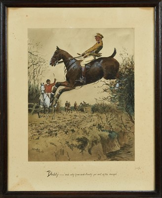 Lot 921 - Snaffles, Charles Johnson Payne (1884-1967) signed print - Blighty - 'and only five-and-twenty per cent of the danger', with Snaffle blindstamp, in glazed frame