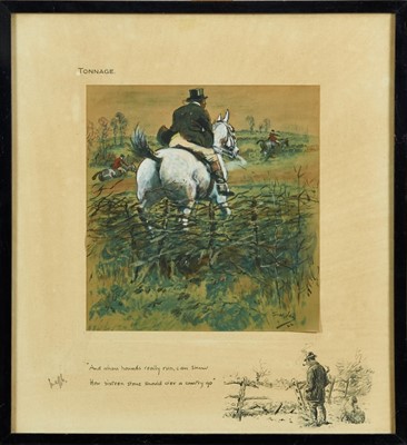 Lot 927 - Snaffles, Charles Johnson Payne (1884-1967) signed print - Tonnage, "And when hounds really run, can show how sixteen stone should o'er a country go", with Snaffle blindstamp, in glazed frame