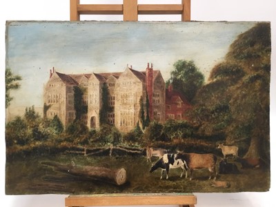 Lot 50 - 19th Naive School oil on board - cattle grazing in the grounds of a country house, unframed