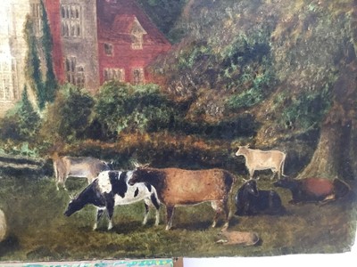 Lot 50 - 19th Naive School oil on board - cattle grazing in the grounds of a country house, unframed