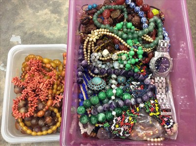 Lot 704 - Vintage amber type bead necklaces, coral necklaces, vintage bead necklaces and costume jewellery