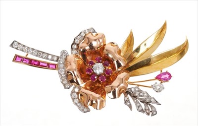 Lot 350 - 1950s diamond, ruby and three-colour gold floral spray brooch